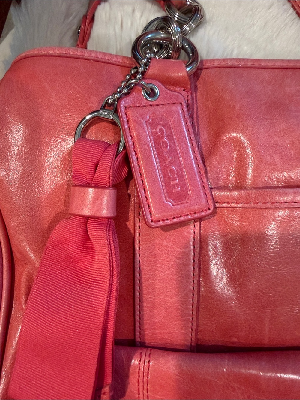 Coach Coral Pink Leather Tote with Front Flap Pocket and Tassel Charm - Picture 2 of 6